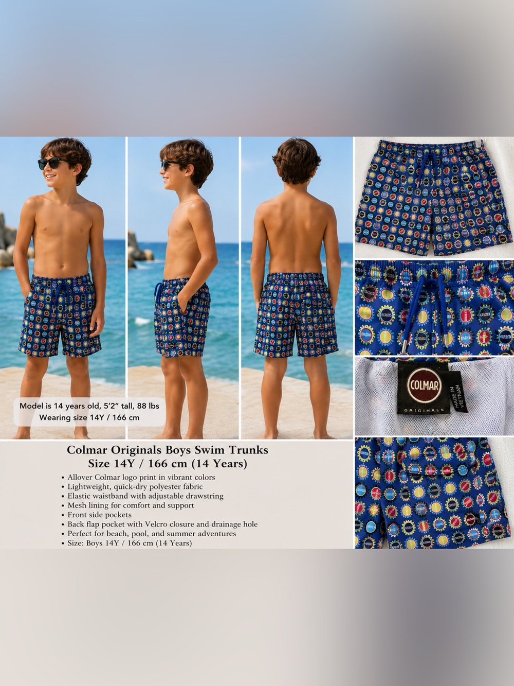 Colmar Originals Boys Swim Trunks Size 14Y 166cm Blue Logo Print Mesh Lined